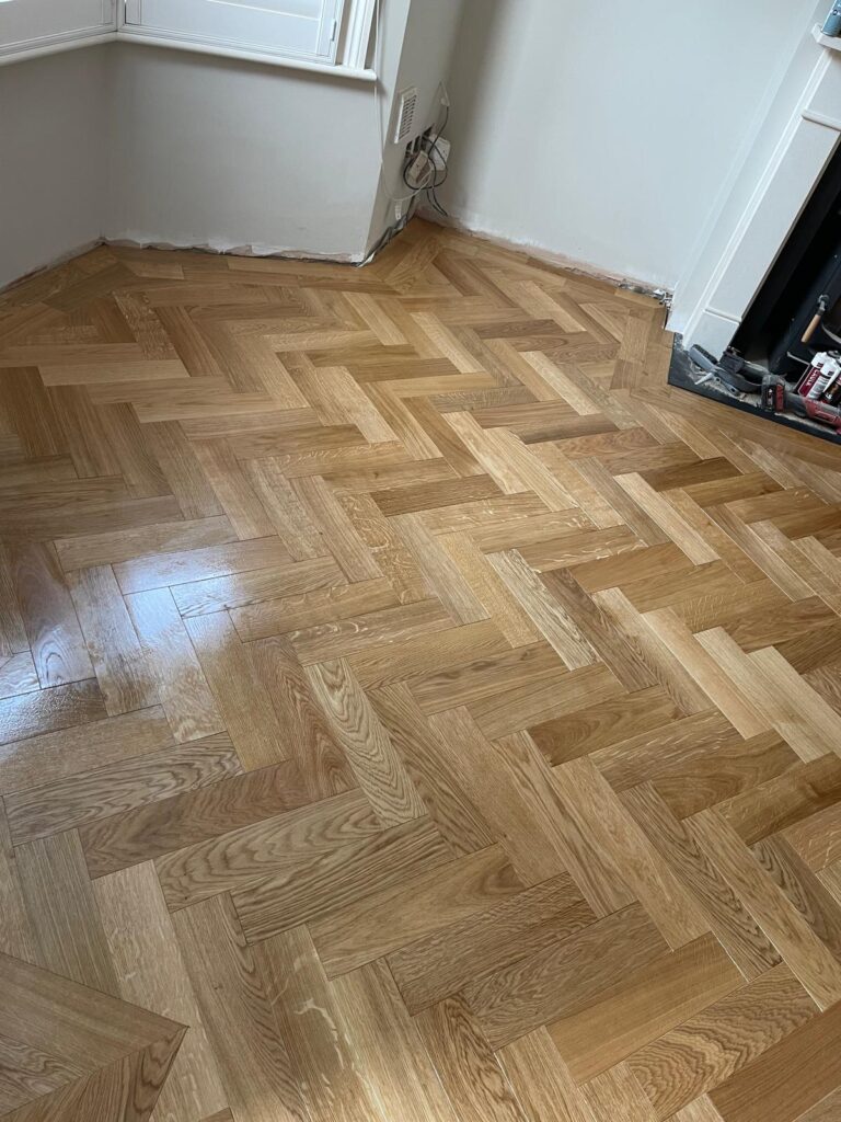 Herringbone parquet floor fitted and finished in a West London home